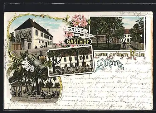 Lithographie Gertitz, Der Gasthof Zum grünen Hain, Aussenbereich mit Gästen