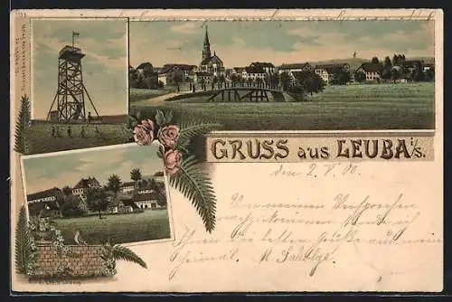 Lithographie Leuba /Sachsen, Gesamtansicht, Aussichtsturm