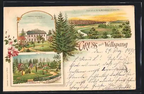 Lithographie Wellspang, Gasthaus Wellspang b. Schleswig, Der Höhenpark, Blick auf die Au und den Langsee