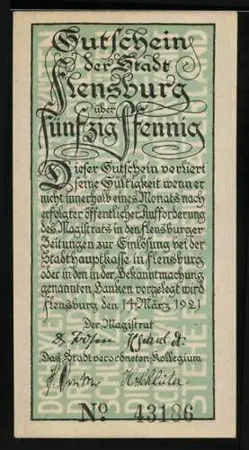 Notgeld Flensburg 1920, 50 Pfennig, Menschen mit Reichsfahnen an der Kirche