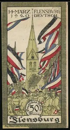 Notgeld Flensburg 1920, 50 Pfennig, Menschen mit Reichsfahnen an der Kirche