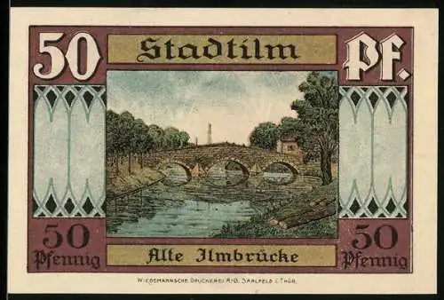 Notgeld Stadtilm 1921, 50 Pfennig, Alte Ilmbrücke und Krypta mit Wappen