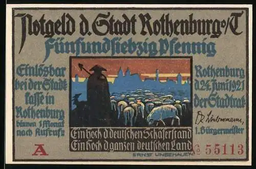 Notgeld Rothenburg o. d. T. 1921, 75 Pfennig, Ein Paar in Tracht, Schafsherde