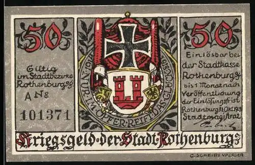 Notgeld Rothenburg o. d. T. 1918, 50 Pfennig, Wappen, Soldat auf der Stadtmauer