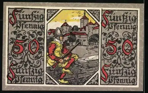 Notgeld Rothenburg o. d. T. 1918, 50 Pfennig, Wappen, Soldat auf der Stadtmauer