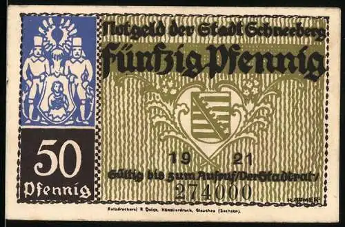 Notgeld Schneeberg 1921, 50 Pfennig, Wappen und Langgasse