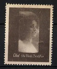Reklamemarke Odol - teh World's Dentifrice, Frauenportrait auf einer Flasche
