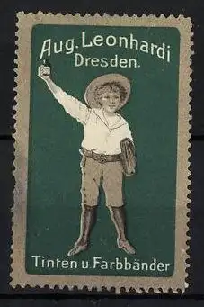 Reklamemarke Tinten und Farbbänder von Aug. Leonhardi, Dresden, Schuljunge mit Tintenfässchen