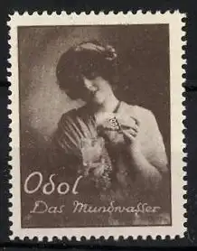 Reklamemarke Odol - das Mundwasser, Fräulein mit Glas und Flasche