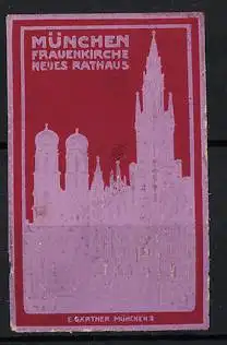 Präge-Reklamemarke München, Frauenkirche und Neues Rathaus