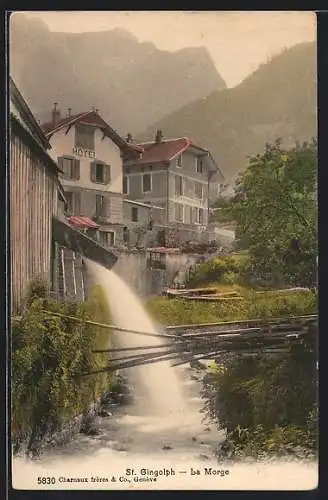 AK St-Gingolph, la Morge avec une cascade, l`Hôtel et la douane suisse en arrière plan