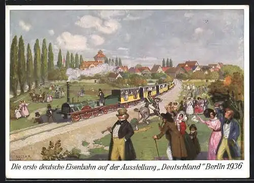 Künstler-AK 100 Jahre deutsche Eisenbahnen 1835 - 1935, Erster Dampfwagen zw. Nürnberg und Fürth