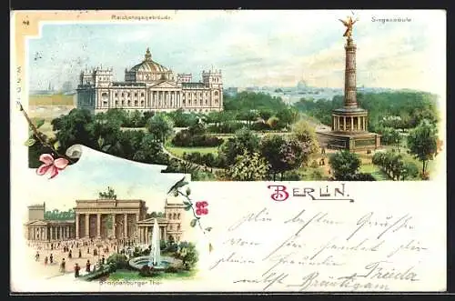 Lithographie Berlin-Tiergarten, Reichstag mit Siegessäule, Brandenburger Tor