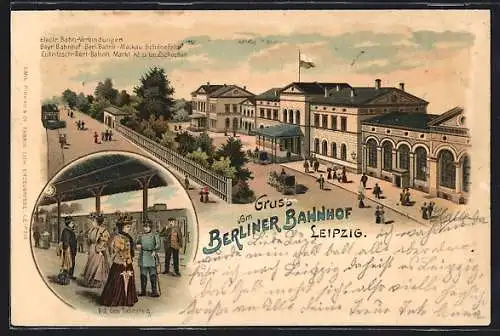 Lithographie Leipzig, Berliner Bahnhof, Fahrgäste auf dem Fahrsteig, Strassenbahn