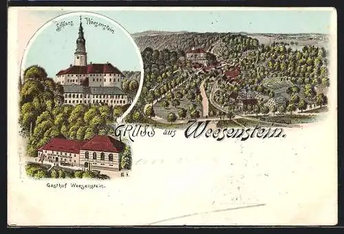 Lithographie Weesenstein, Schloss & Gasthof Weesenstein, Gesamtansicht