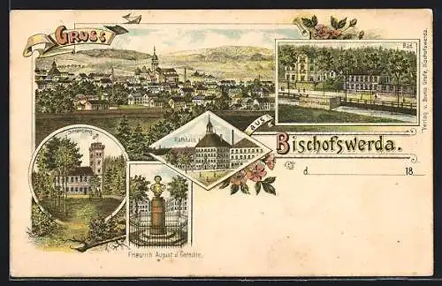 Lithographie Bischofswerda, Bad, Rathaus, Aussichtsturm Butterberg