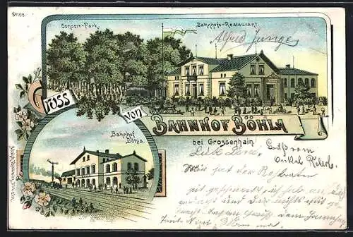 Lithographie Böhla bei Grossenhain, Bahnhofs-Restaurant und Concert-Park, Bahnhof