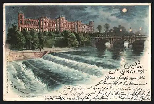 Lithographie München, Kgl. Maximilianeum, von der Isar gesehen, Wehr, Brücke, Halt gegen das Licht: beleuchtete Fenster