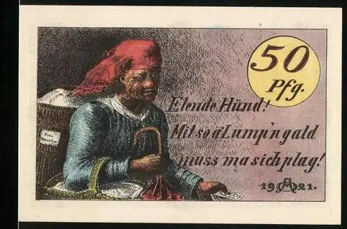Notgeld Hildburghausen 1921, 50 Pfennig, Frau mit Korb und Regenschirm, Wappen