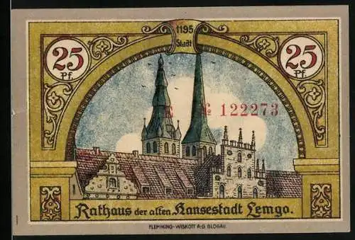 Notgeld Lemgo 1921, 25 Pfennig, Rathaus und Wappen