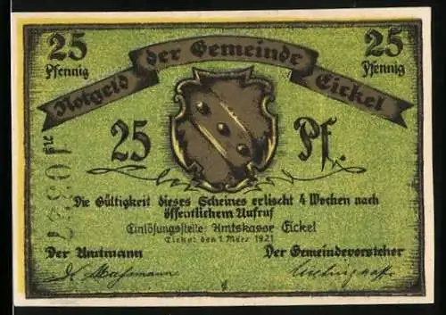 Notgeld Eickel 1921, 25 Pfennig, Haus Bönninghausen und Wappen