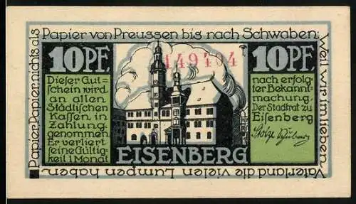 Notgeld Eisenberg, 10 Pfennig, Rathaus, Industrieanlagen und Wappen, Gutschein