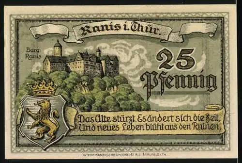 Notgeld Ranis i. Thür. 1921, 25 Pfennig, Burg Ranis, Gutschein