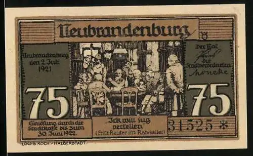 Notgeld Neubrandenburg 1921, 75 Pfennig, Fritz Reuter im Ratskeller, Mann mit Fass