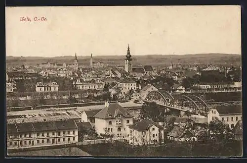 AK Wels, Teilansicht mit Brücke aus der Vogelschau