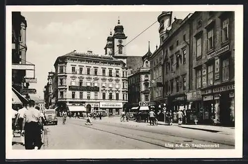 AK Linz a.d. Donau, Taubenmarkt mit Geschäften