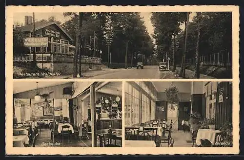 AK Wünsdorf /Kr. Teltow, Restaurant Waldkater O. Tschepe mit Strasse, Gaststube und Veranda