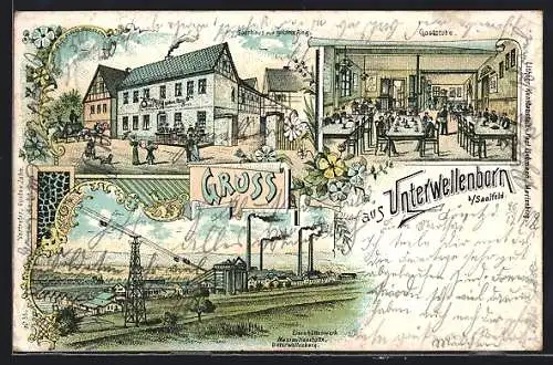 Lithographie Unterwellenborn b. Saalfeld, Gasthaus zum goldnen Ring, Eisenhüttenwerk Maximilianshütte