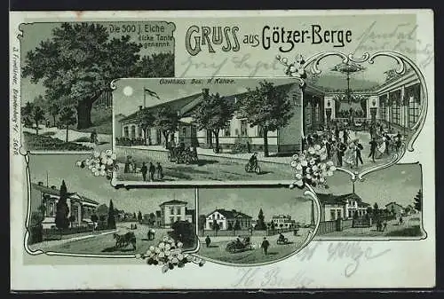 Lithographie Götzer-Berge, Gasthaus, Bes. H. Kähne, 500jährige Eiche