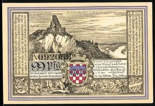 Notgeld Bad Honnef 1921, 99 Pfennig, Wappen, Ruine Drachenfels und Rheinpartie, Gutschein