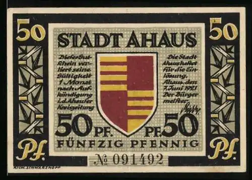 Notgeld Ahaus 1921, 50 Pfennig, Stammsitz der Familie Oldenkott, Wappen, Gutschein