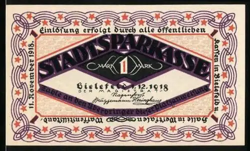Notgeld Bielefeld 1918, 1 Mark, Männer beim Bockspringen, Signatur