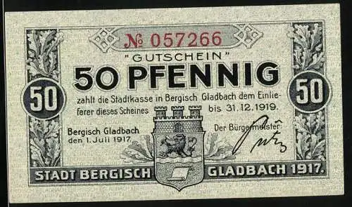 Notgeld Bergisch Gladbach 1919, 50 Pfennig, Wappen und Porträts mehrerer Herren, Gutschein