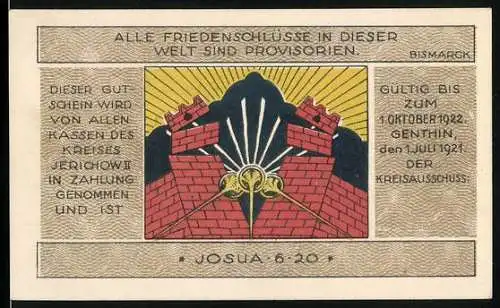 Notgeld Genthin 1921, 2 Mark, Ortsansicht, Degen durchbrechen eine Steinmauer, Gutschein