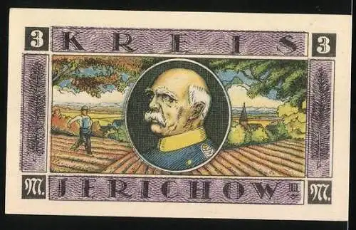 Notgeld Genthin 1921, 3 Mark, Bildnis Fürst Bismarck, Bismarcks Geburtshaus, Bauer bei der Feldarbeit, Gutschein