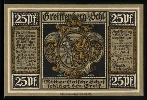 Notgeld Greiffenberg i. Schl. 1920, 25 Pfennig, Ratsherren danken Friedrich dem Grossen für den Wiederaufbau, Wappen