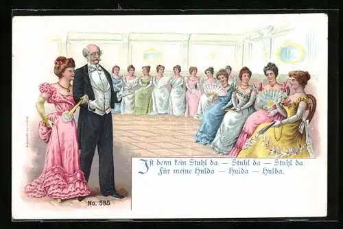 AK Frauen in Gala-Kleidung, ein Mann mit Monokel holt Frau zum Tanz, Optik