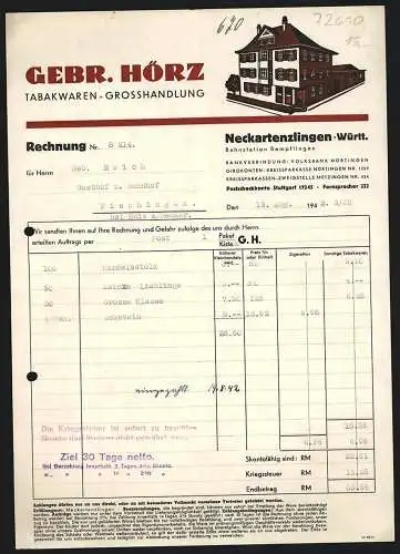 Rechnung Neckartenzlingen /Württ. 1942, Gebr. Hörz, Tabakwaren-Grosshandlung, Modellansicht des Geschäftshauses