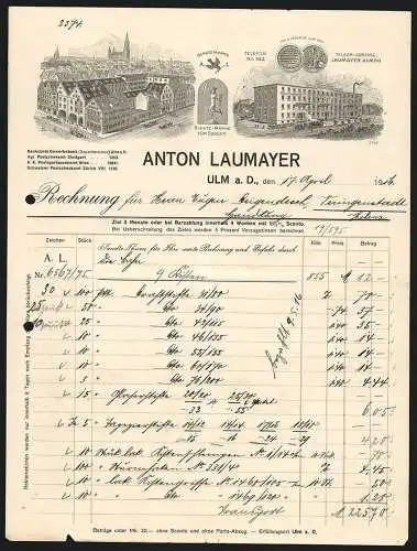 Rechnung Ulm a. D. 1916, Firma Anton Laumayer, Ansicht der Betriebsstellen, Schutzmarken und Preis-Medaille