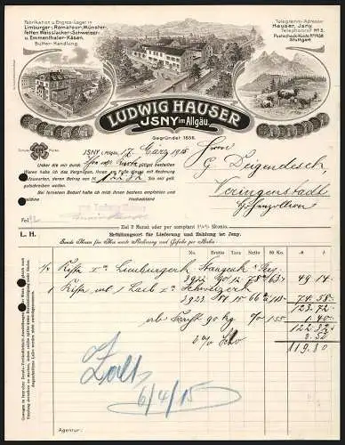 Rechnung Isny im Allgäu 1915, Ludwig Hauser, Käse-Fabrik & Butter-Handlung, Werkansicht, Geschäftsstelle, Kuhweide