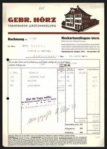 Rechnung Neckartenzlingen /Württ. 1941, Gebr. Hörz, Tabakwaren-Grosshandlung, Blick auf die Geschäftsstelle