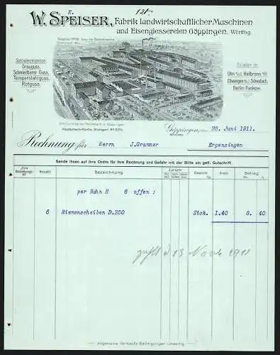 Rechnung Göppingen 1911, W. Speiser, Fabrik landwirtschaftl. Maschinen & Eisengiesserei, Totalansicht der Fabrik