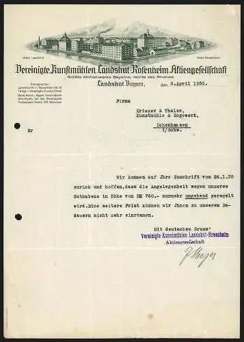 Rechnung Landshut /Bayern 1935, Vereinigte Kunstmühlen Landshut-Rosenheim AG, Fusionierte Ansicht beider Fabriken