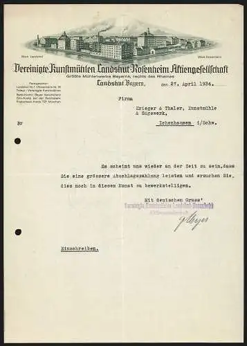 Rechnung Landshut /Bayern 1934, Vereinigte Kunstmühlen Landshut-Rosenheim AG, Fusionierte Ansicht beider Werke