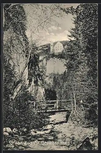 AK Stans, St. Georgenberg, Blick hinauf zur Wallfahrtsstätte vom Fluss aus