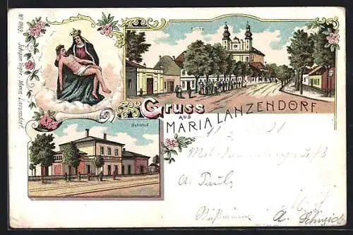 Lithographie Maria Lanzendorf, Strassenpartie mit Kirche, Pieta, Bahnhof